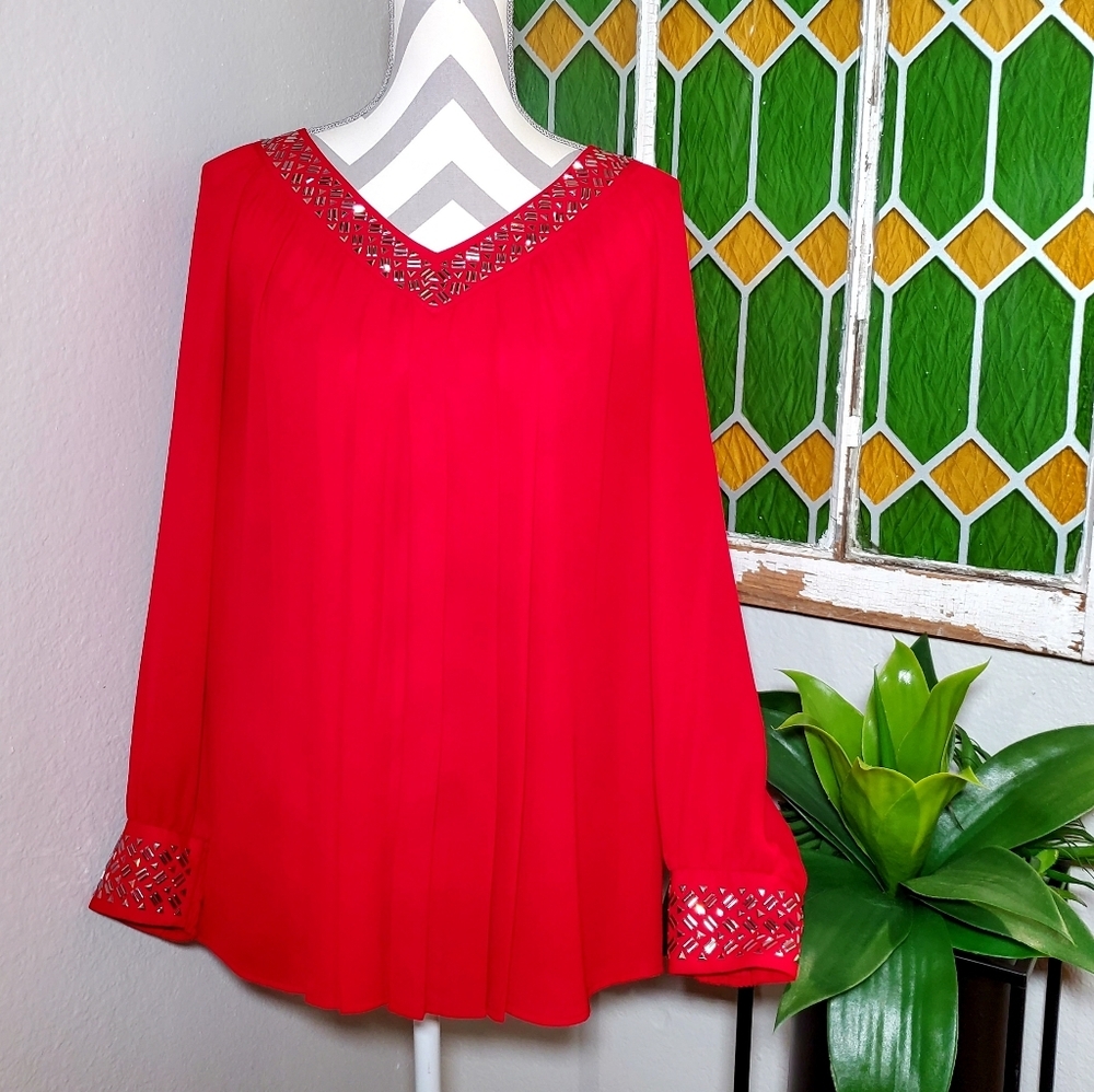 Alfani Sheer Pleated V-neck Red Blouse Women's Size 10